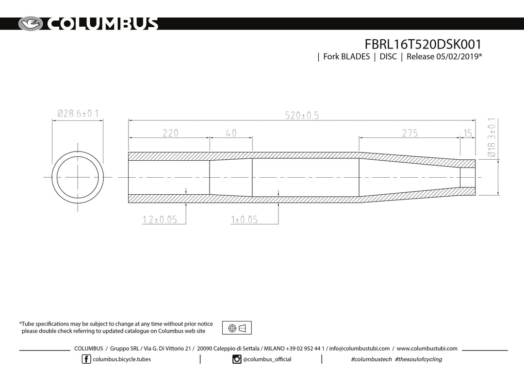 Columbus tapered fork blades for disc - 28.6mm round - 18.3mm OD tip - 1.2/1 wall - length = 520