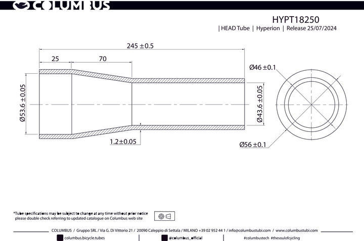 Columbus Hyperion tapered titanium head tube - 56/46 dia. - 1.2mm wall - length = 250