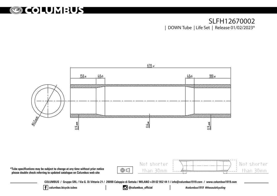Columbus Life down tube - 42 dia. - .9/.6/.9 - length = 670