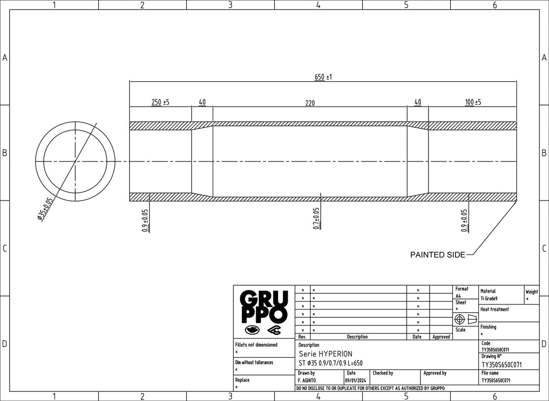 Columbus Hyperion titanium seat tube - 35 dia. - .9/.7/.9 - length = 650
