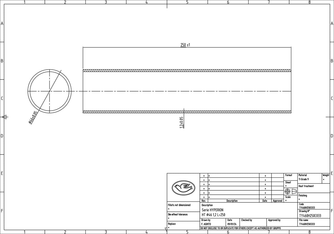 Columbus Hyperion titanium head tube - 46 dia. - 1.2mm wall - length = 250