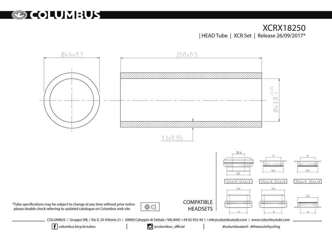 Columbus XCR stainless head tube - 46 dia. - 1.1mm wall - length = 250