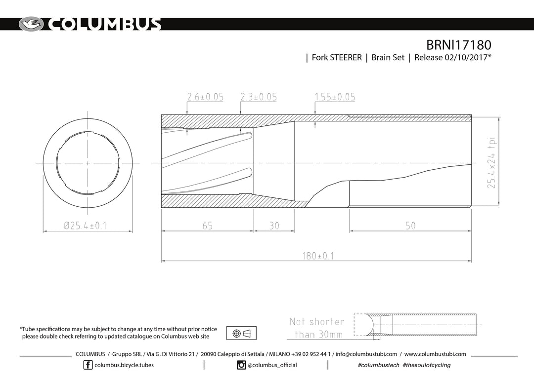 Columbus Tubing 1" (25.4) threaded steerer tubes for steel bicycle forks - 180, 210, 240, 270, 300 lengths steel