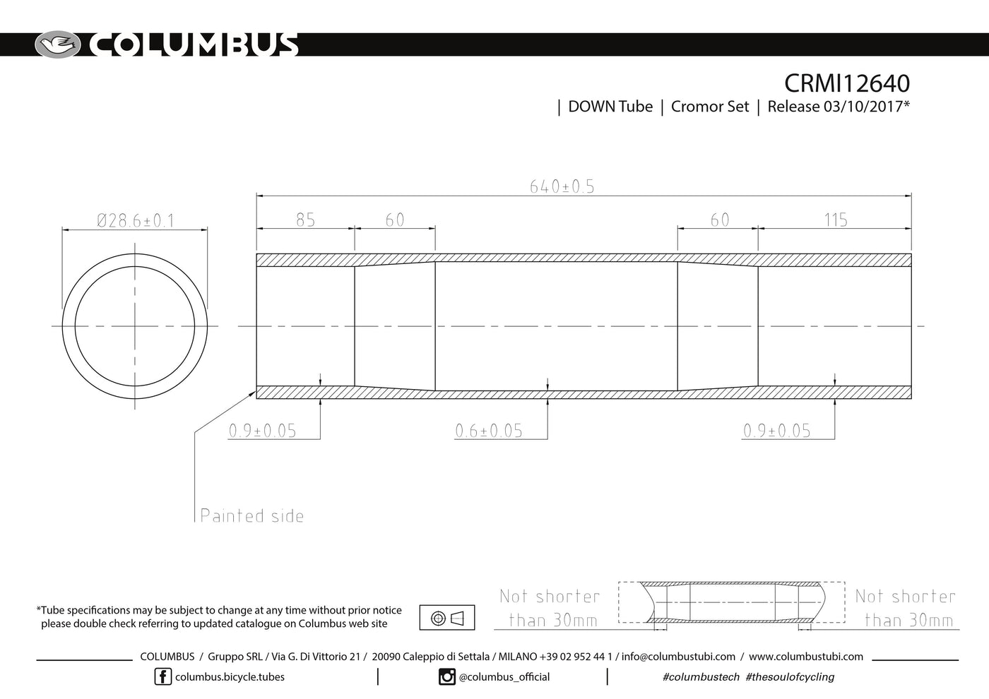 CRMI12640  Columbus Tubing Cromor down tube - 28.6 diameter - .9/.6/.9 wall thickness. Length = 640