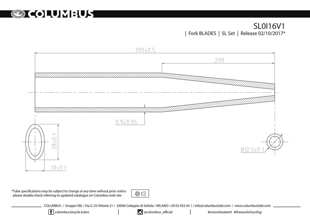 CRMI16V1  Columbus Tubing Cromor fork blades - .9 wall - length = 390  24 OD is pressed into 28x19 oval. Steel.