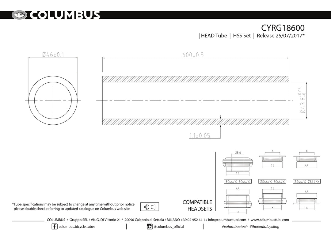 CYRG18600  Columbus Tubing HSS headtube - 46 dia. - 1.1mm wall - length = 600