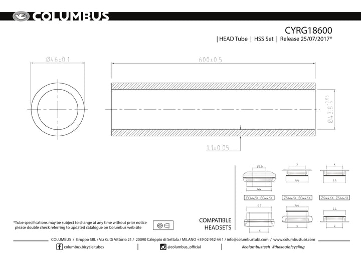 CYRG18600  Columbus Tubing HSS headtube - 46 dia. - 1.1mm wall - length = 600