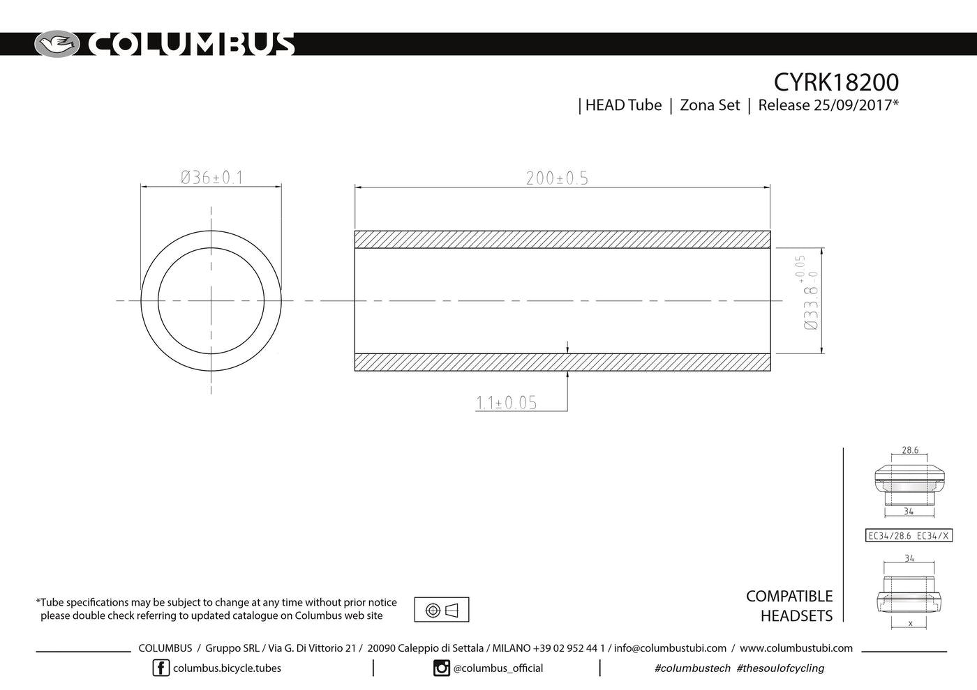 CYRK18200 - Columbus Tubing Zona headtube - 36 dia. - 1.1mm wall - length = 200
