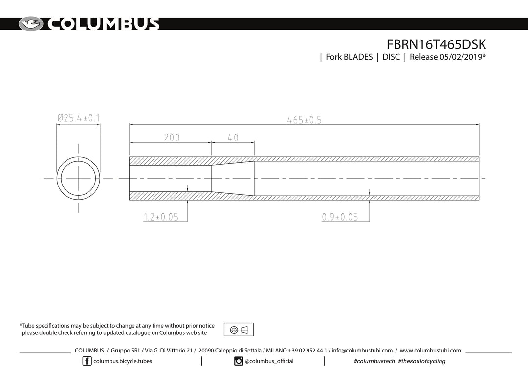 Columbus straight fork blades for disc - 25.4mm round - 1.2/.9 wall - length = 465