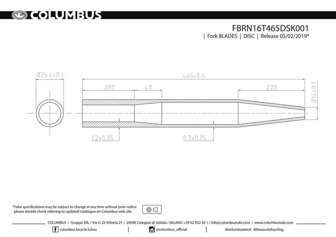 Columbus tapered fork blades for disc - 25.4mm to 14mm tip - 1.2/.9 wall - length = 465