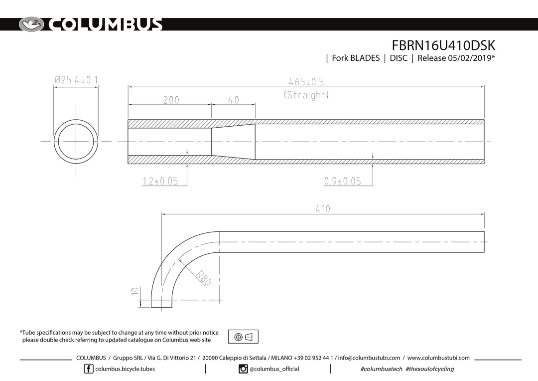 Columbus unicrown fork blades for disc - 25.4mm round - 1.2/.9 wall - length = 410
