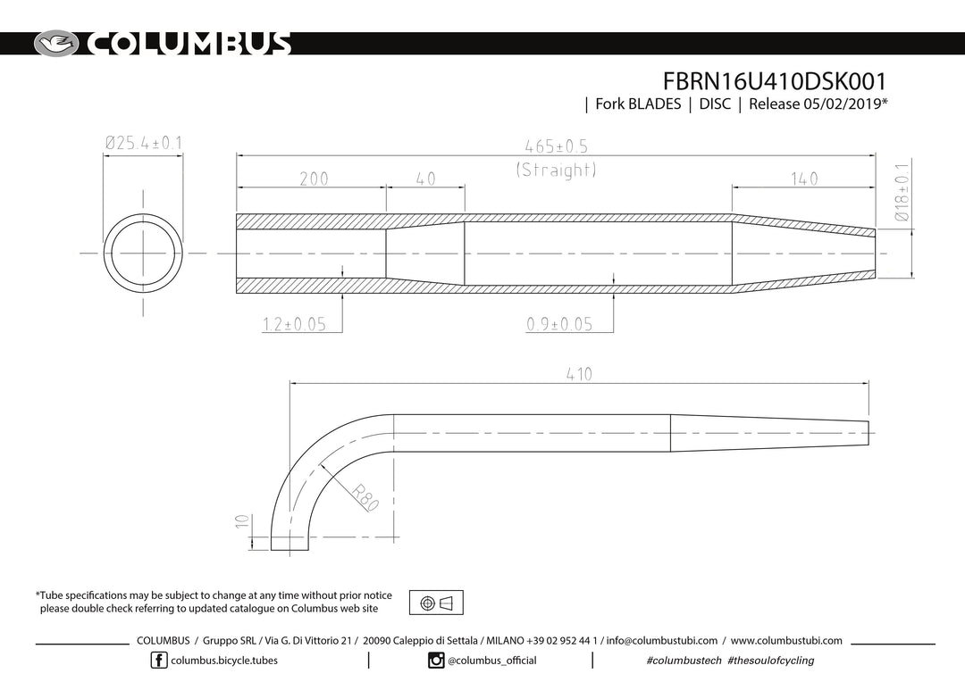 Columbus tapered unicrown fork blades for disc - 25.4mm round - 15.5mm ID tip - 1.2/.9 wall - length = 410