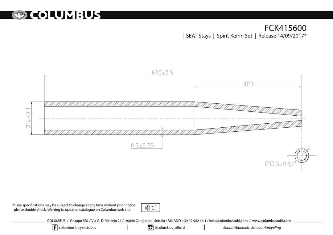 Columbus Spirit Keirin seat stays - 14 OD - .7 wall - length = 600