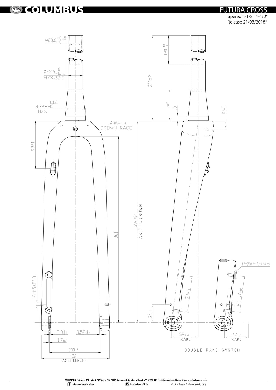 K18FCRKG  Columbus Futura Cross disc fork - unpainted. 300mm tapered steerer, 1-1/8" - 1-1/2". 395mm axle to crown, adjustable 52mm/47mm rake, 47mm tire clearance