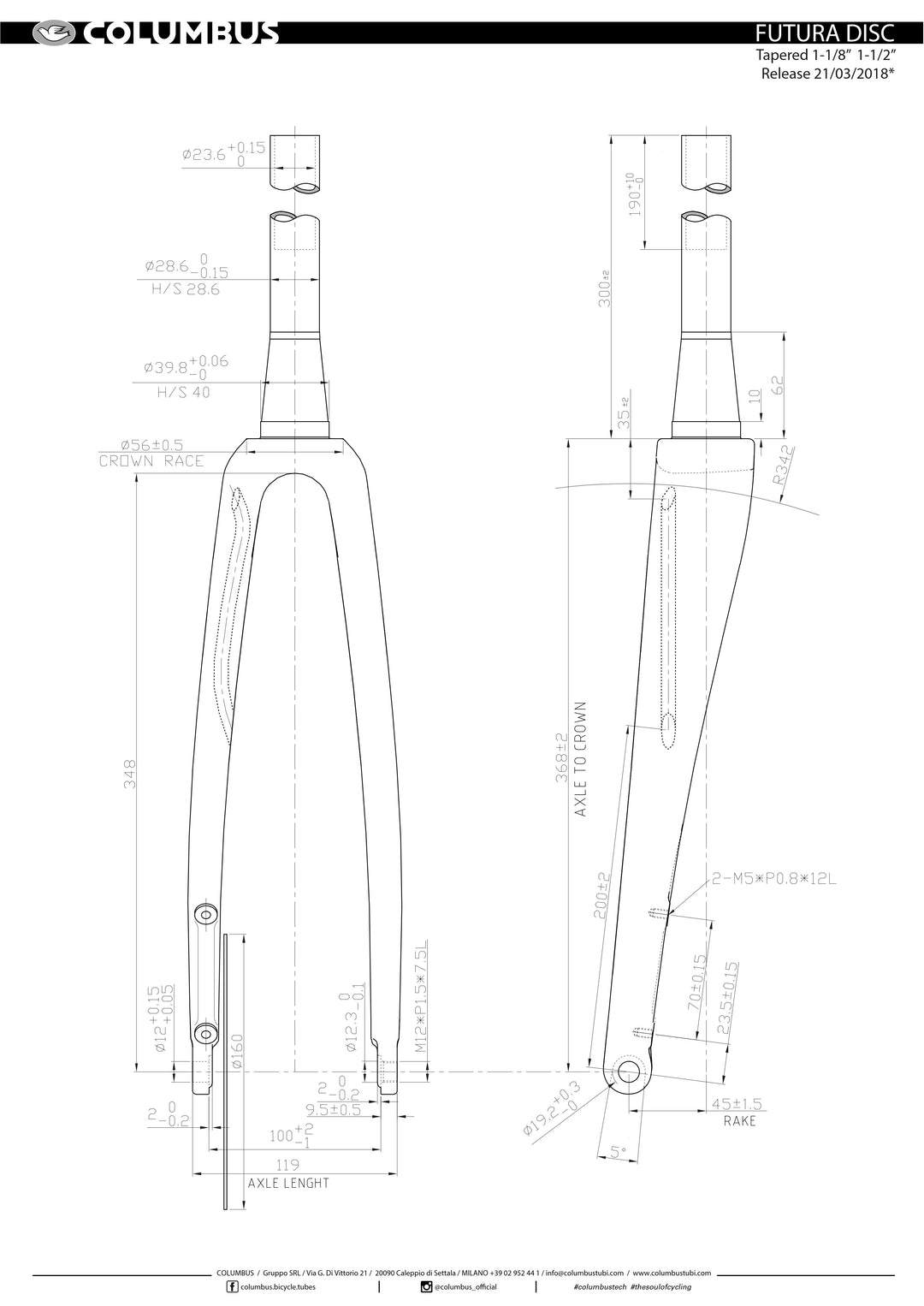 KDRUDKG  Columbus Futura Disc fork in ready-to-paint carbon. 300mm tapered steerer, 1-1/8" - 1-1/2". 368mm axle to crown, 45mm rake, 28mm tire clearance