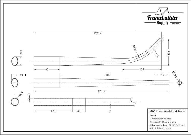 Pre-raked fork blades - 28x19 oval - 1mm wall - 69mm rake - length = 420