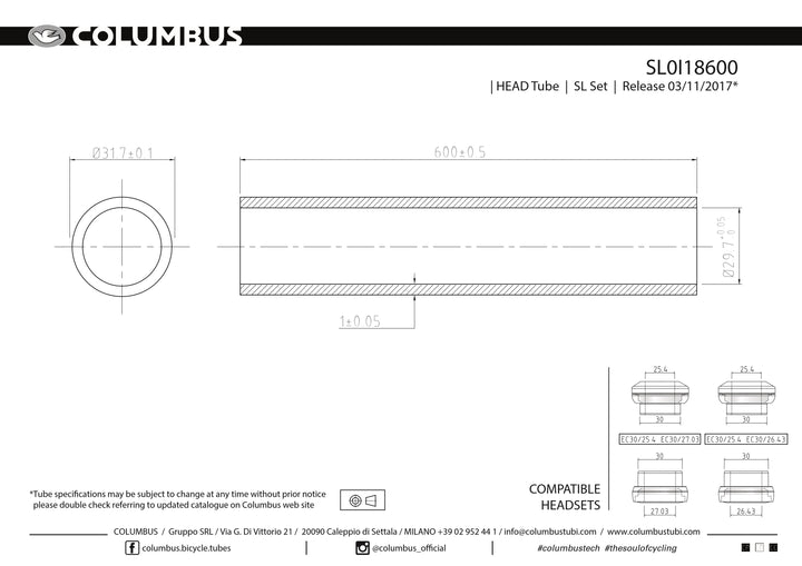 Columbus SL head tube - 31.7 dia. - 1mm wall - length = 600