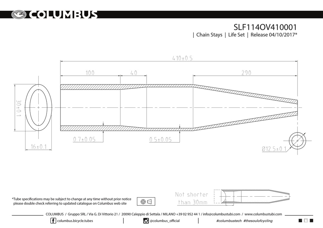 SLF114OV410001   Columbus Tubing Life chainstays - oval/round, 24 OD - .7/.5 wall - length = 410, oval = 16x30