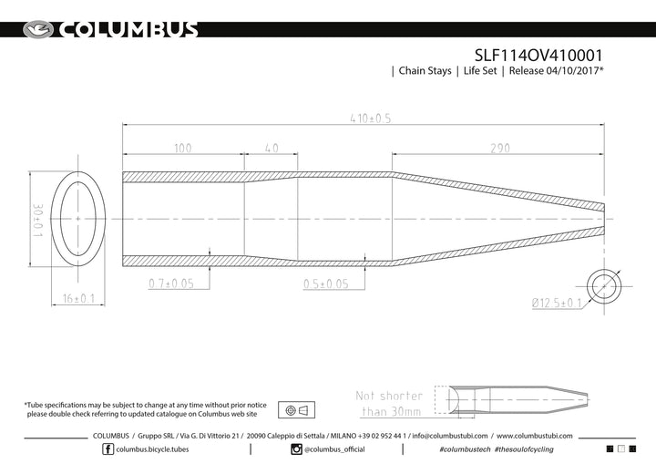 SLF114OV410001   Columbus Tubing Life chainstays - oval/round, 24 OD - .7/.5 wall - length = 410, oval = 16x30