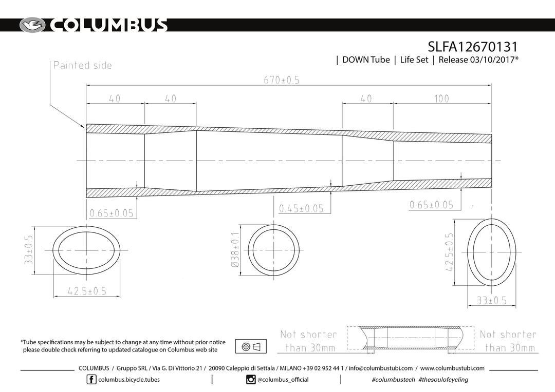 Columbus Life MAX bi-oval down tube - 38 dia. - .65/.45/.65 - length = 670