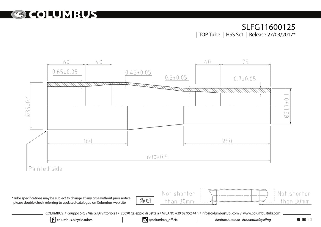 Columbus Spirit tapered top tube - 35/31.7 dia. - .65/.45/.65 - length = 600