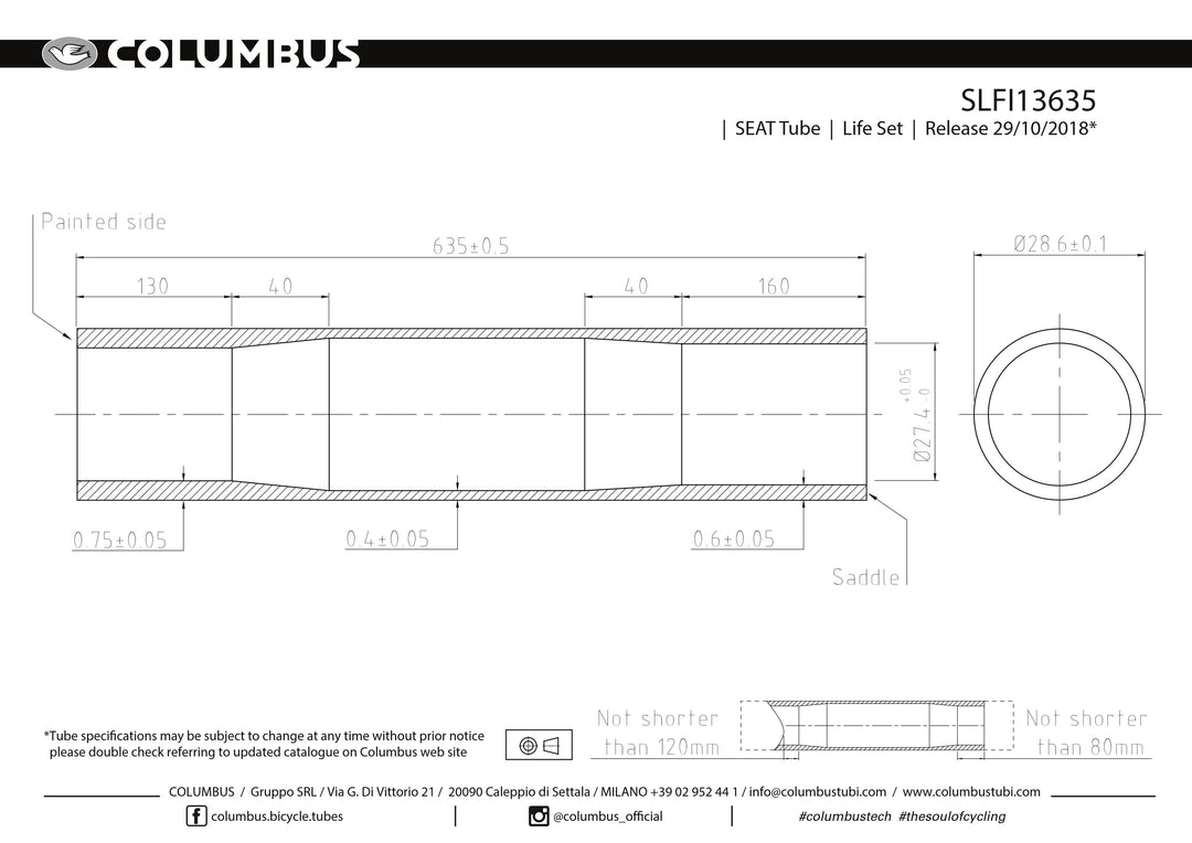 SLFI13635  Columbus Tubing Life double butted seat tube - 28.6 dia. - .75/.4/.6 - length = 635