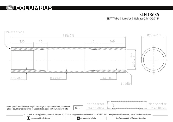SLFI13635  Columbus Tubing Life double butted seat tube - 28.6 dia. - .75/.4/.6 - length = 635