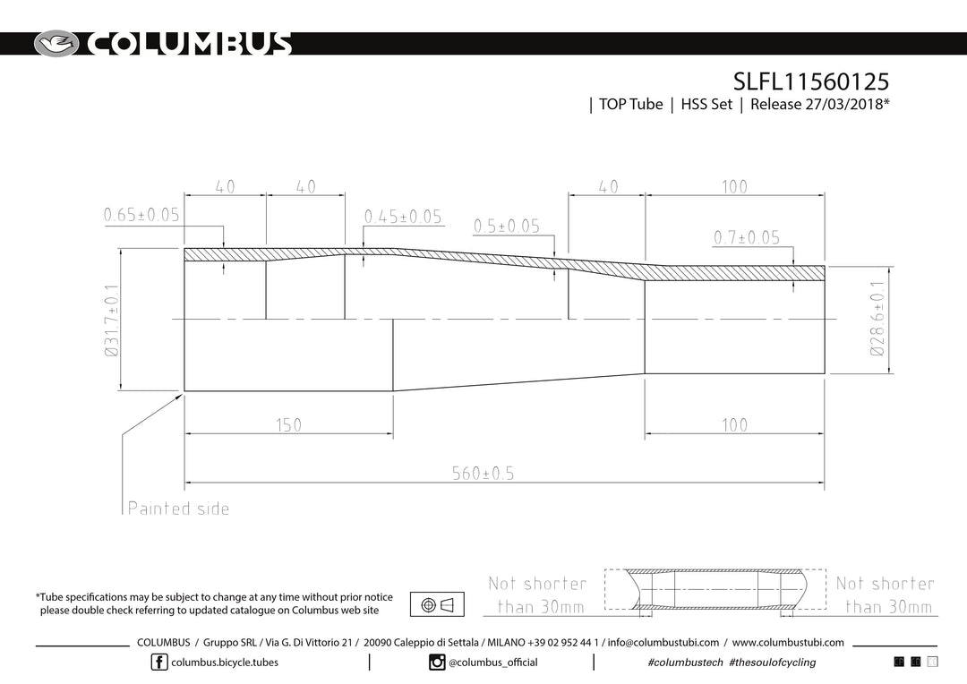 Columbus Spirit tapered top tube - 31.7/28.6 dia. - .65/.45/.65 - length = 560
