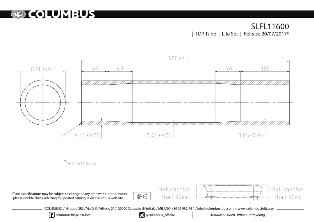 Columbus Life top tube - 31.7 dia. - .65/.45/.65 - length = 600