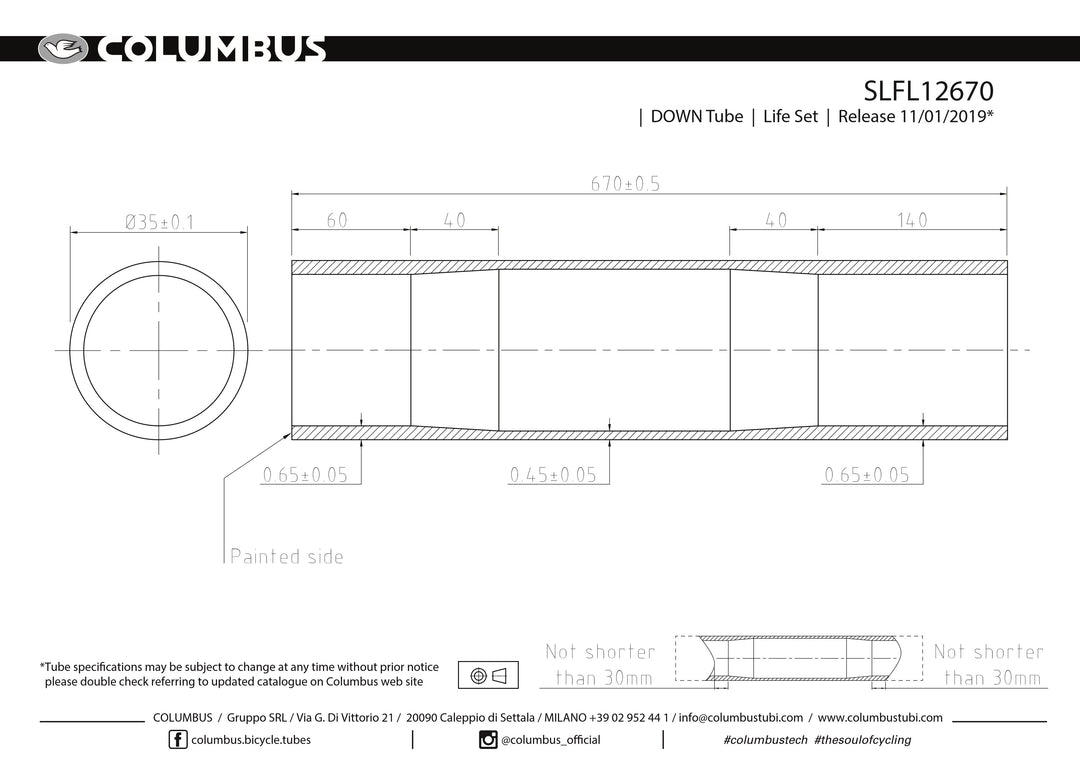 SLFL12670  Columbus Tubing Life down tube - 35 diameter - .65/.45/.65 wall thickness. Length = 670