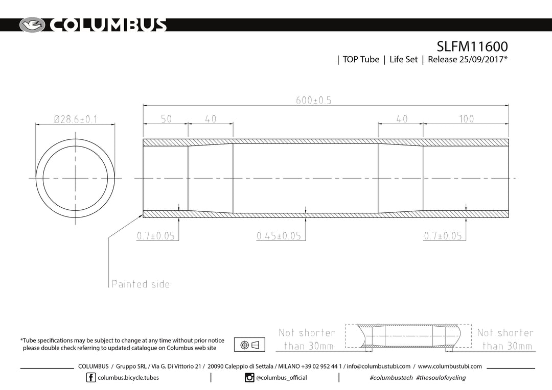 Columbus Life top tube - 28.6 dia. - .7/.45/.7 - length = 600