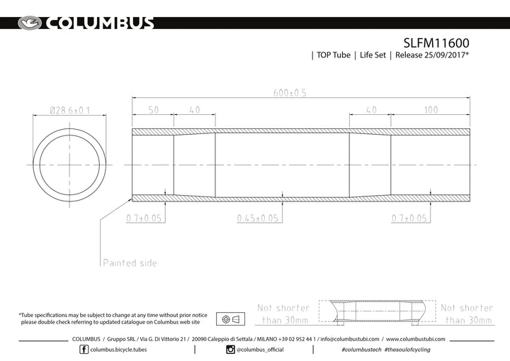 Columbus Life top tube - 28.6 dia. - .7/.45/.7 - length = 600