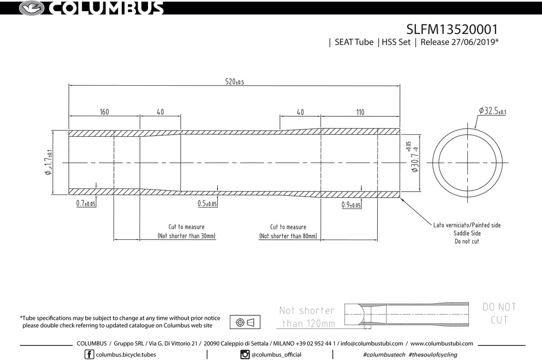 Columbus Spirit HSS ext. butted seat tube - 31.7 dia. - .7/.5/.9 - length = 520