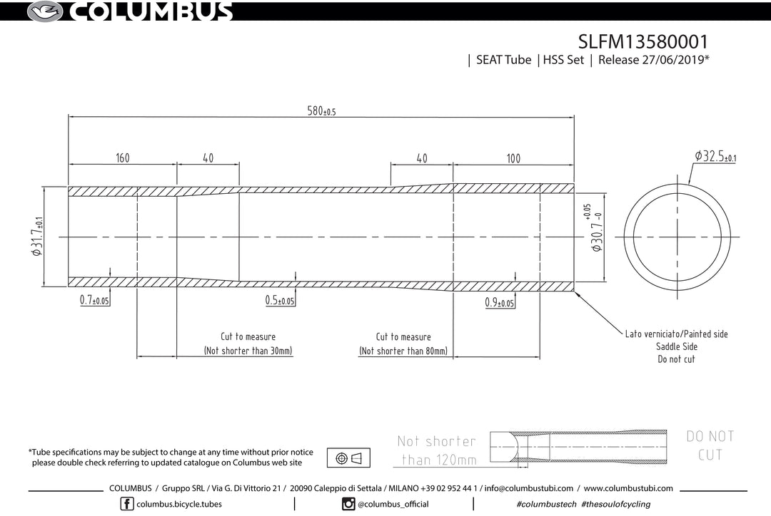 Columbus Spirit HSS ext. butted seat tube - 31.7 dia. - .7/.5/.9 - length = 580