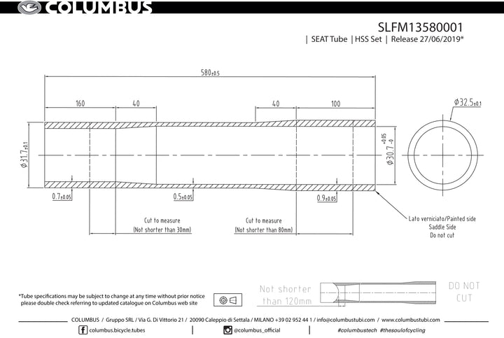 Columbus Spirit HSS ext. butted seat tube - 31.7 dia. - .7/.5/.9 - length = 580