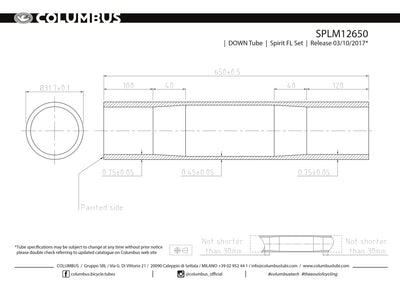 SPLM12650 - Columbus Tubing Spirit for Lugs down tube - 31.7 diameter - .75/.45/.75 wall thickness. Length = 650