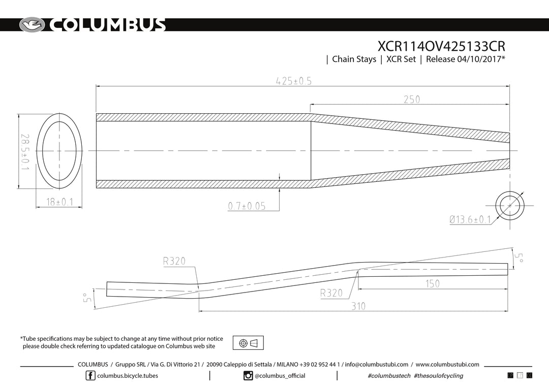 Columbus XCR stainless cyclocross S-bend chainstays - oval/round - 24 OD - .7 wall - length = 425