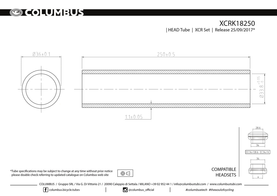 Columbus XCR stainless head tube - 36 dia. - 1.1mm wall - length = 250