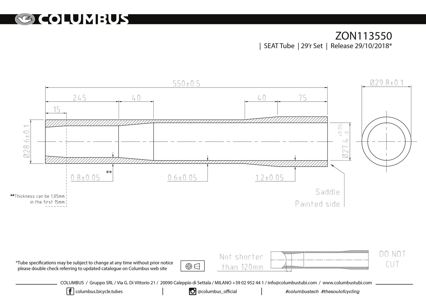 ZON113550  Columbus Tubing Zona 29er externally butted seat tube - 28.6 dia. - .8/.6/1.2 wall thickness. Length = 550