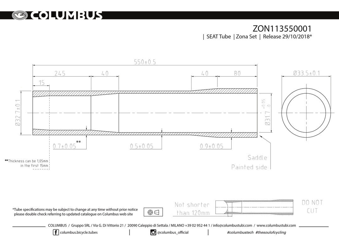 ZON113550001 - Columbus Tubing Zona externally butted seat tube for steel bicycle frames - 32.7 dia. - .7/.5/.9 wall thickness. Length = 550