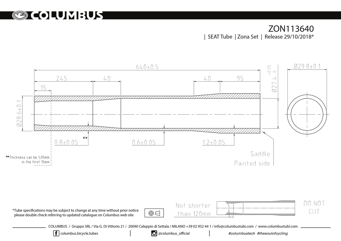 Columbus Zona ext. butted seat tube - 28.6 dia. - .8/.6/1.2 - length = 640