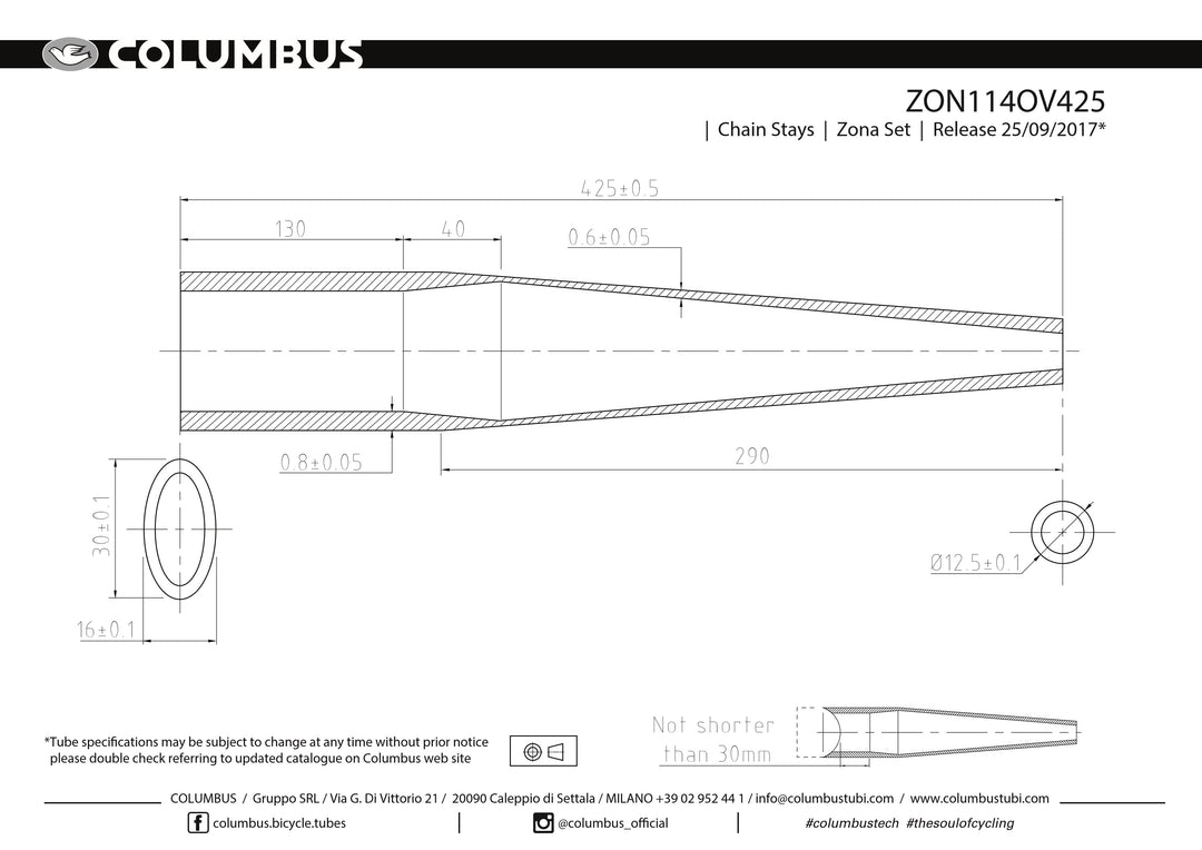 ZON114OV425  Columbus Tubing Zona butted chainstays - oval/round - 24 OD - .8/.6 wall - length = 425, oval=16x30