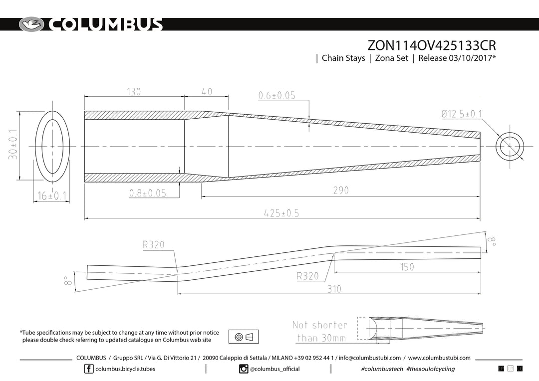 ZON114OV425133CR  Columbus Tubing Zona butted chainstays - oval/round - 24 OD - .8/.6 wall - length = 425, 16x30 oval at the BB end and a cyclocross S-bend