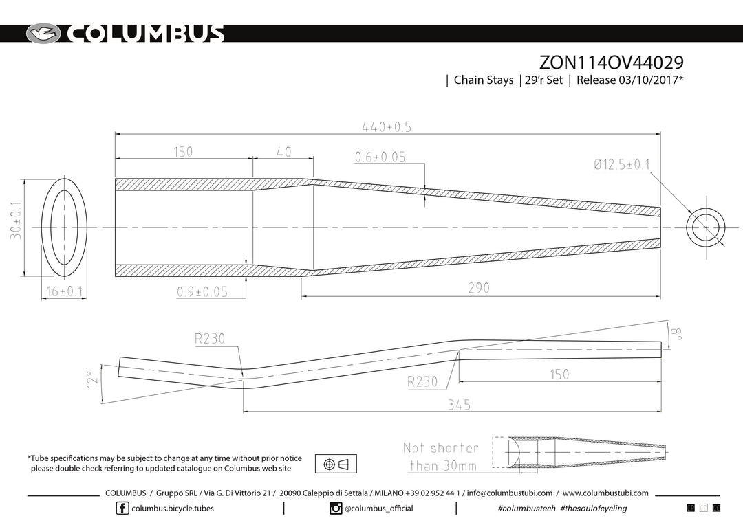 ZON114OV44029  Columbus Tubing Zona butted 29er S-bend chainstays - oval/round - 24 OD - .9/.6 wall - length = 425, 16x30 oval at the BB end and a 29er S-bend