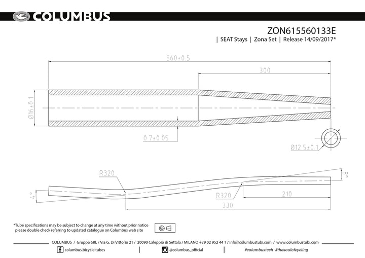 ZON615560133E - Columbus Tubing Zona road S-bend seat stays - OD tapers from 16mm to 12.5mm - .7 wall - length = 560