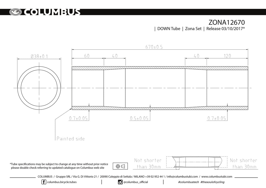 Columbus Zona down tube - 38 dia. - .7/.5/.7 - length = 670