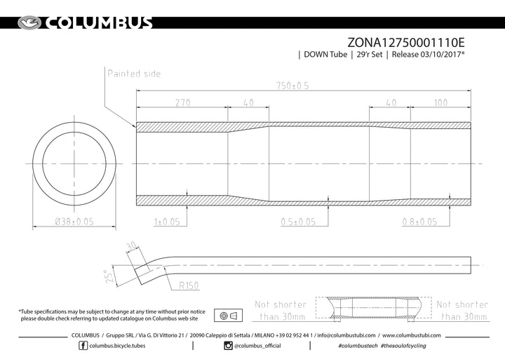 ZONA12750001110E  Columbus Tubing 29er down tube with bend - 38 diameter - 1/.5/.8 wall thickness. Length = 750