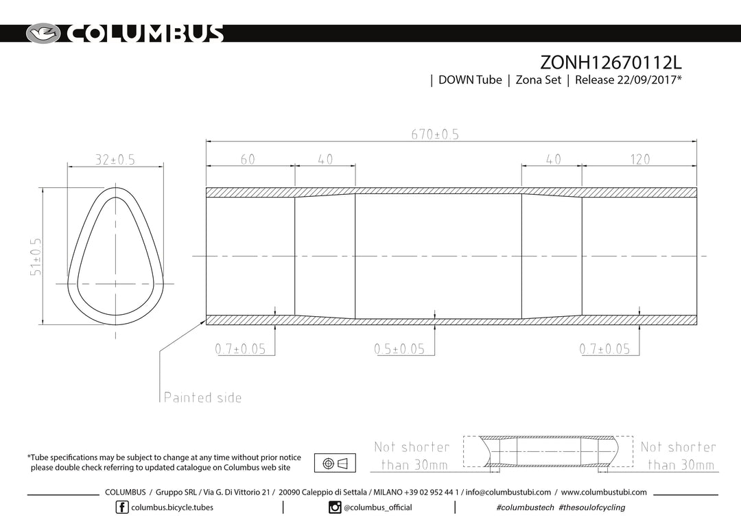 Columbus Zona down tube (112L shape) - 42 dia. - .7/.5/.7 - length = 670