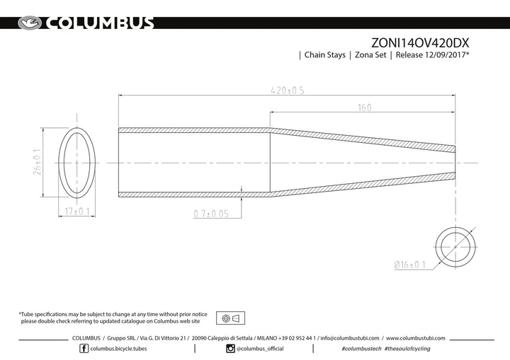 ZONI14OV420DX - Columbus Tubing Zona chainstays for steel bicycle frames - oval/round - 22.2 OD - .7 wall - length = 420. Oval = 19.5 x 25.5