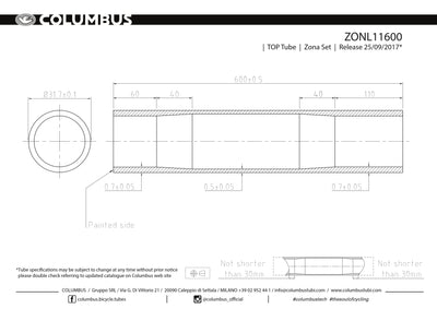 ZONL11600 - Columbus Tubing Zona top tube - 31.7 diameter - .7/.5/.7 wall thickness. Length = 600